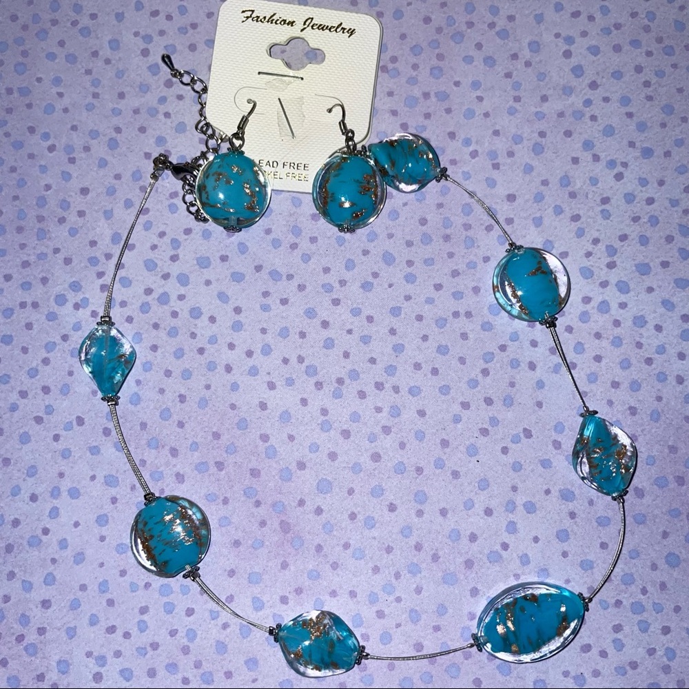 Women’s Fashion Jewelry Blue Glass Beaded Necklace Earring Set
